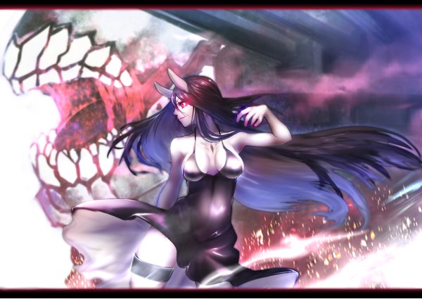 Anime picture 1300x921 with kantai collection battleship-symbiotic hime big.g single long hair breasts light erotic black hair hair between eyes red eyes horn (horns) wind teeth midriff glowing letterboxed glowing eye (eyes) oni horns white skin shinkaisei-kan