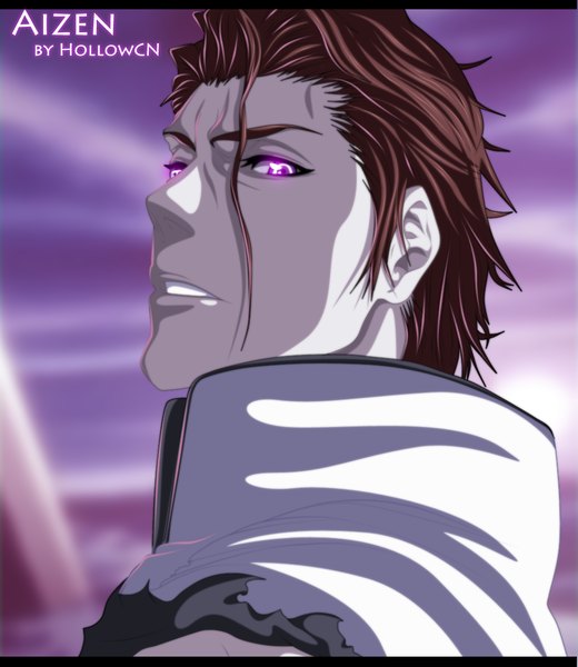 Anime picture 1000x1153 with bleach studio pierrot aizen sousuke hollowcn single tall image short hair brown hair sky cloud (clouds) pink eyes looking back inscription coloring portrait letterboxed face boy