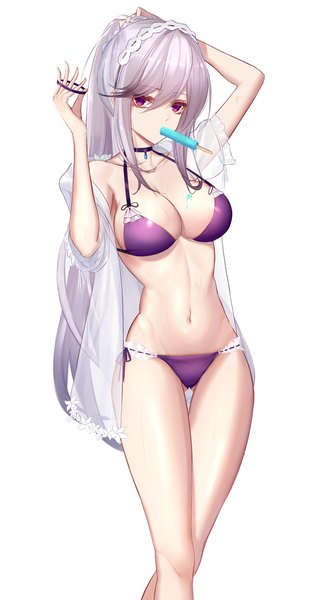 Anime picture 1092x2000 with azur lane dunkerque (azur lane) dunkerque (summer sucre) (azur lane) eternity (shadeh) single long hair tall image looking at viewer fringe breasts light erotic simple background hair between eyes large breasts standing white background payot cleavage silver hair pink eyes