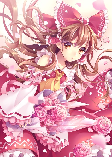 Anime picture 888x1242 with touhou hakurei reimu masaru.jp single long hair tall image looking at viewer open mouth red eyes brown hair traditional clothes miko girl flower (flowers) bow hair bow detached sleeves petals frills hair tubes