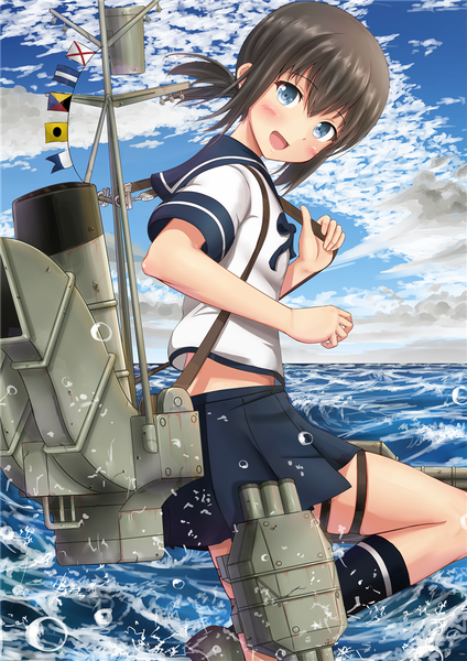 Anime picture 744x1052 with kantai collection fubuki destroyer ichikawa feesu single tall image looking at viewer blush short hair open mouth blue eyes black hair sky cloud (clouds) girl skirt socks sea black socks sailor suit