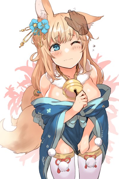 Anime picture 1000x1500 with azur lane niizuki (azur lane) ganesagi single long hair tall image blush fringe breasts blue eyes light erotic simple background blonde hair large breasts white background bare shoulders animal ears payot tail traditional clothes
