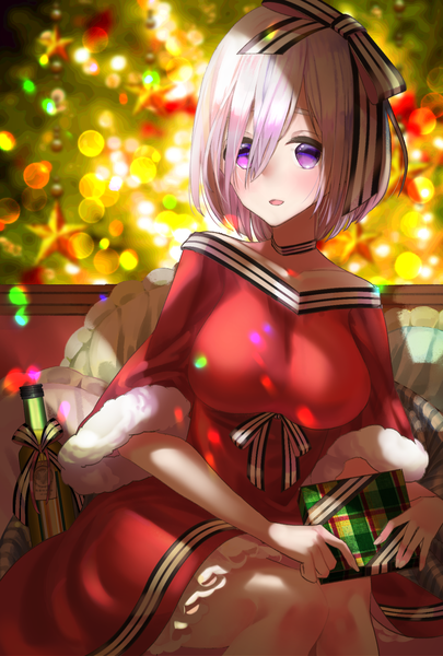 Anime picture 1378x2039 with fate (series) fate/grand order mash kyrielight user zeyf4722 single tall image looking at viewer blush fringe short hair breasts large breasts sitting purple eyes holding pink hair bent knee (knees) parted lips hair over one eye off shoulder