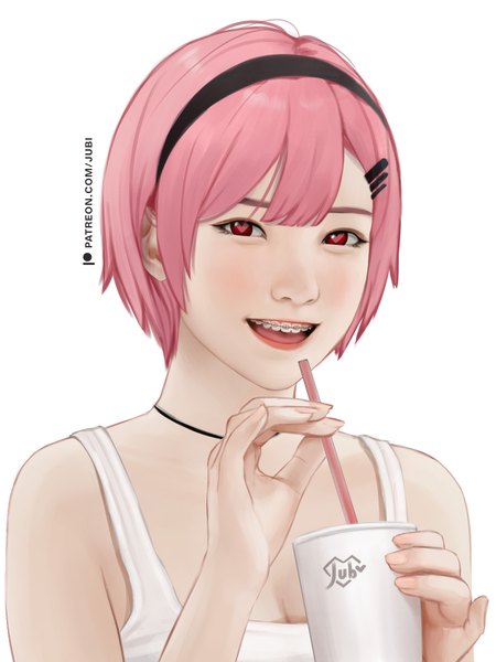 Anime picture 2700x3600 with original lika (jubi) jubi (regiana) single tall image looking at viewer fringe highres short hair open mouth light erotic simple background smile red eyes white background bare shoulders signed pink hair cleavage lipstick