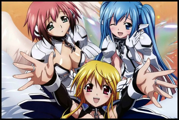 Anime picture 1197x802 with sora no otoshimono ikaros nymph (sora no otoshimono) astraea long hair looking at viewer blush short hair breasts open mouth blue eyes blonde hair smile red eyes twintails multiple girls green eyes blue hair red hair one eye closed