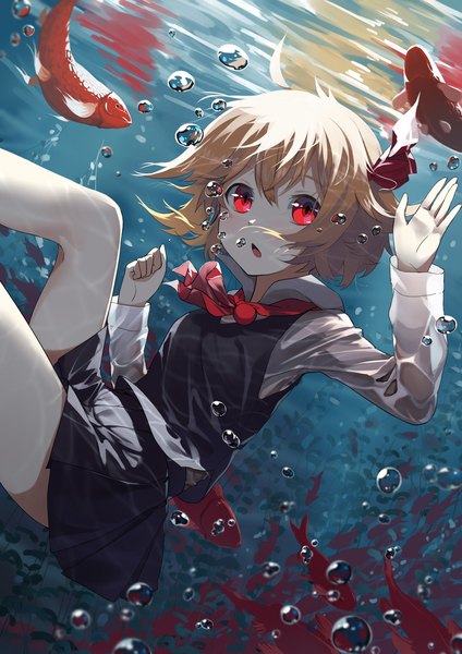 Anime picture 1200x1697 with touhou rumia sh (562835932) single tall image looking at viewer short hair open mouth blonde hair red eyes long sleeves underwater girl skirt animal shirt white shirt black skirt vest bubble (bubbles)