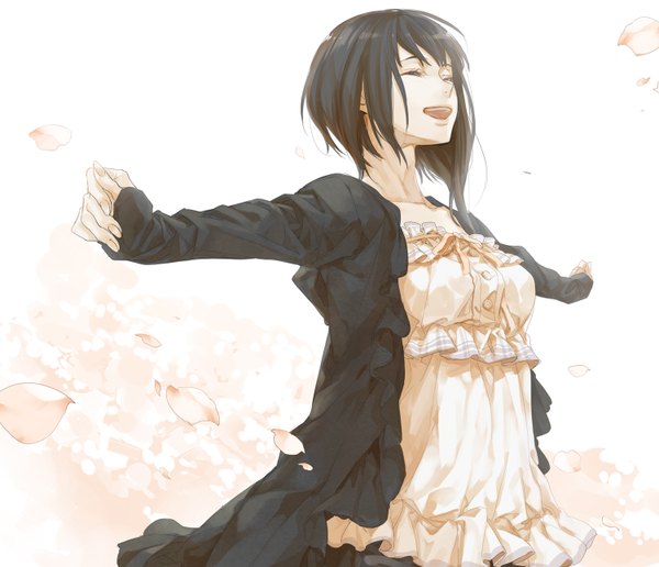 Anime picture 1500x1292 with original izumi (nagashi) single fringe short hair open mouth black hair eyes closed happy spread arms ^ ^ ^o^ girl petals jacket