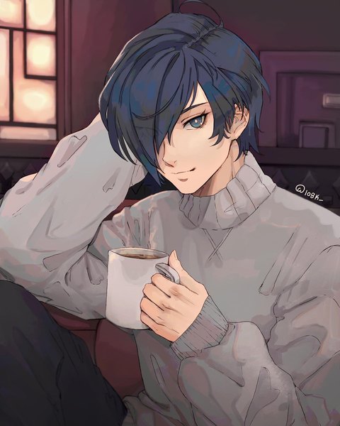 Anime picture 1440x1800 with persona 3 persona arisato minato 1o8k single tall image looking at viewer fringe short hair blue eyes signed blue hair upper body hair over one eye twitter username sleeves past wrists boy sweater mug