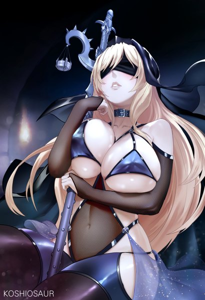 Anime picture 600x877 with goblin slayer! sword maiden koshio single long hair tall image blush fringe breasts light erotic blonde hair large breasts sitting signed parted lips alternate costume shiny skin underboob skindentation covered nipples