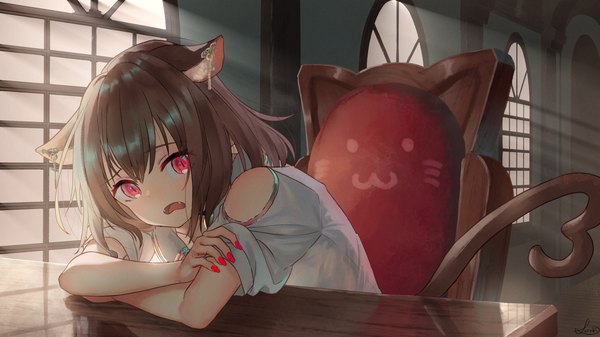 Anime picture 1700x956 with original saraki single looking at viewer fringe short hair open mouth hair between eyes red eyes brown hair wide image sitting signed animal ears upper body indoors tail nail polish animal tail sunlight