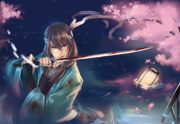 Anime picture 1200x827 with gintama sunrise (studio) katsura kotarou raku kaki single long hair brown eyes traditional clothes night cherry blossoms boy plant (plants) petals sword tree (trees) water katana branch lamp hachimaki