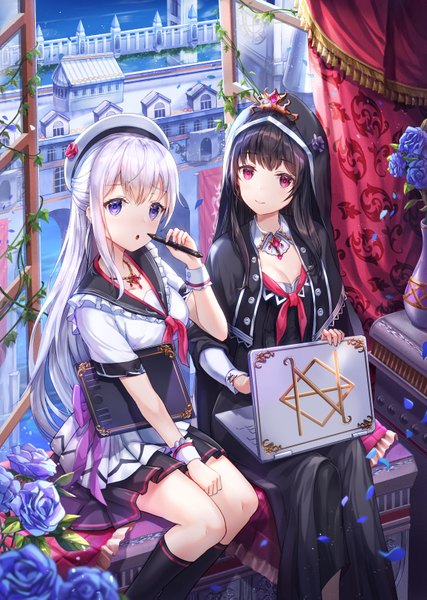 Anime picture 1142x1603 with original lunacle long hair tall image looking at viewer blush fringe breasts open mouth black hair smile hair between eyes sitting purple eyes multiple girls holding payot cleavage silver hair bent knee (knees)