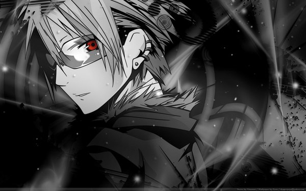 Anime picture 1920x1200 with dogs: bullets & carnage david production haine rammsteiner dyuu highres red eyes wide image monochrome boy glasses
