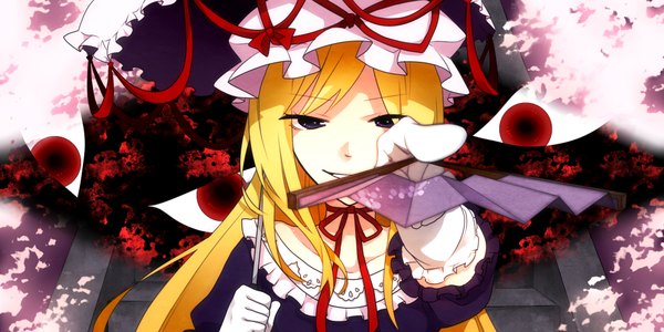 Anime picture 2000x1000 with touhou yakumo yukari koyubi long hair looking at viewer highres blonde hair smile wide image purple eyes eyes girl dress gloves bonnet fan