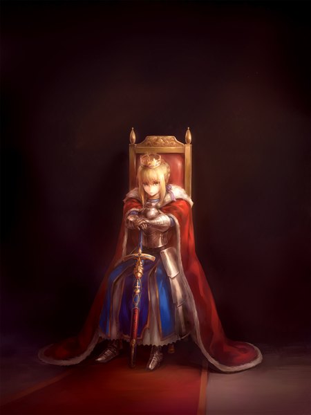 Anime picture 1500x2000 with fate (series) fate/stay night type-moon artoria pendragon (all) saber kanmuri (hanyifan30338) single tall image simple background blonde hair sitting green eyes black background girl weapon sword fur cape crown armored dress