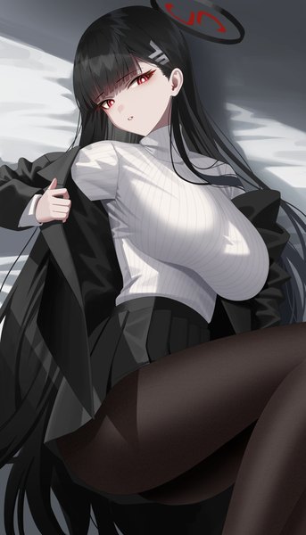 Anime picture 3000x5251 with blue archive rio (blue archive) re-leaf single long hair tall image looking at viewer fringe highres breasts light erotic black hair red eyes large breasts ass indoors lying blunt bangs long sleeves parted lips