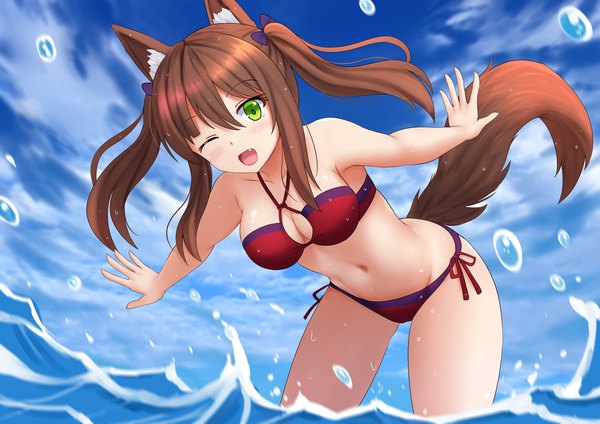 Anime picture 1697x1200 with original kazenokaze single long hair looking at viewer blush fringe breasts open mouth light erotic hair between eyes brown hair standing twintails bare shoulders green eyes animal ears payot sky cloud (clouds)