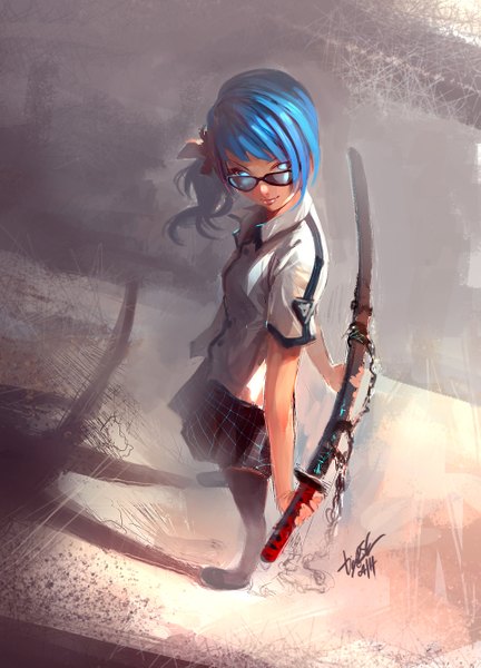 Anime picture 957x1329 with original diegoocunha single tall image fringe blue eyes smile standing signed blue hair looking away wind shadow side ponytail plaid skirt girl skirt weapon sword katana