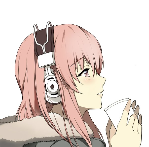 Anime picture 2028x2000 with nitroplus super sonico ala single long hair blush highres simple background white background looking away pink hair profile pink eyes girl jacket headphones cup