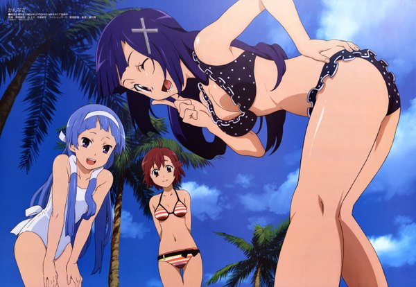 Anime picture 5901x4078 with kannagi megami magazine nagi (kannagi) zange aoba tsugumi highres light erotic multiple girls scan girl swimsuit bikini 3 girls black bikini one-piece swimsuit striped bikini white swimsuit polka dot bikini