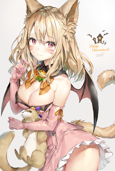 Anime picture 1000x1492 with final fantasy final fantasy xiv square enix miqo'te momoko (momopoco) single long hair tall image looking at viewer blush fringe breasts light erotic simple background blonde hair hair between eyes large breasts standing bare shoulders holding