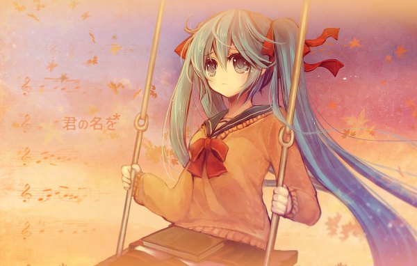 Anime picture 1200x764 with vocaloid hatsune miku aikashouryou single long hair blue eyes twintails blue hair tears girl ribbon (ribbons) hair ribbon serafuku book (books) leaf (leaves) sweater swing
