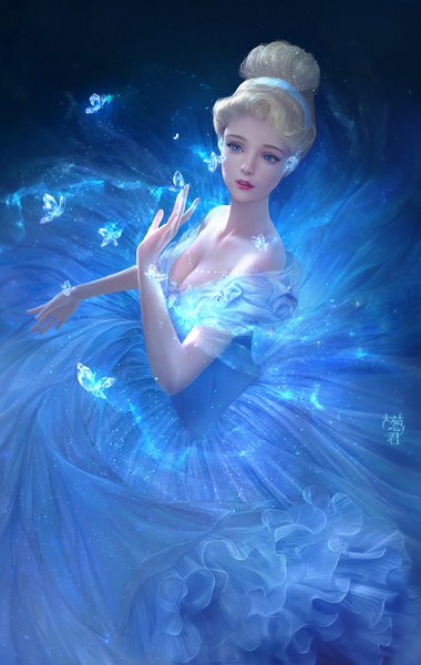 Anime picture 900x1419 with the story of cinderella cinderella da congjun single tall image short hair blue eyes blonde hair bare shoulders cleavage silver hair lips glow girl dress hairband insect butterfly