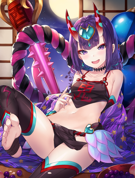 Anime picture 827x1093 with fate (series) fate/grand order shuten douji (fate) shuten douji (halloween caster) (fate) hitsukuya single tall image looking at viewer blush fringe short hair open mouth light erotic smile purple eyes bare shoulders purple hair indoors blunt bangs :d