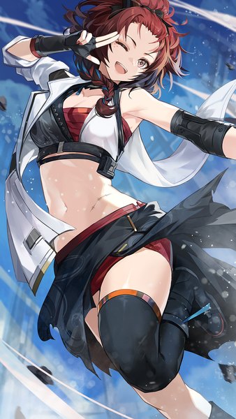 Anime picture 985x1750 with wuthering waves chixia (wuthering waves) goomrrat single tall image short hair open mouth standing looking away bent knee (knees) ponytail red hair nail polish one eye closed midriff standing on one leg scar ;d girl thighhighs