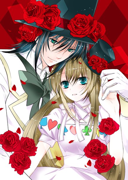 Anime picture 800x1122 with alice in the country of hearts alice liddell (country of hearts) blood dupre kawahara ren long hair tall image fringe black hair hair between eyes brown hair green eyes aqua eyes puffy sleeves holding hands red background rhombus girl boy gloves flower (flowers)