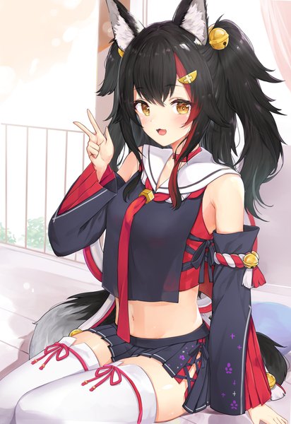 Anime picture 2744x3997 with virtual youtuber hololive ookami mio ookami mio (1st costume) racchi. single long hair tall image looking at viewer blush fringe highres breasts open mouth black hair smile hair between eyes sitting animal ears yellow eyes