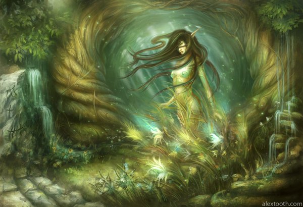 Anime picture 1600x1094 with alextooth single long hair brown hair signed pointy ears elf waterfall stream girl flower (flowers) plant (plants) tree (trees) water forest stone (stones)