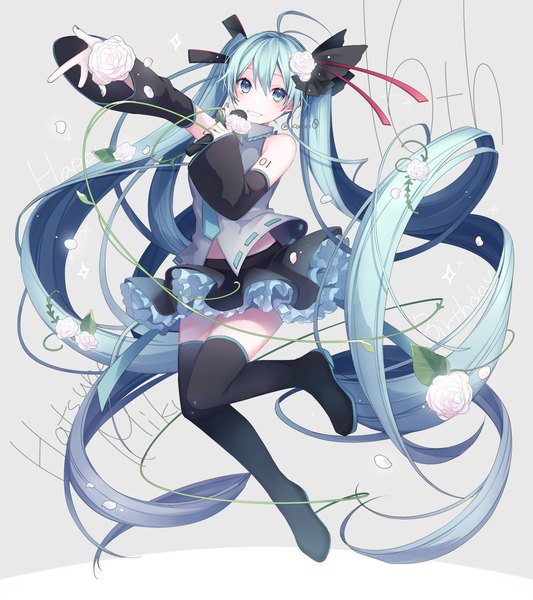 Anime picture 1500x1690 with vocaloid hatsune miku kuroi (liar-player) single tall image looking at viewer fringe simple background hair between eyes twintails signed full body ahoge very long hair aqua eyes aqua hair grey background character names twitter username happy birthday