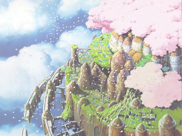 Anime picture 1024x768 with laputa castle in the sky studio ghibli tagme (artist) sky cloud (clouds) cherry blossoms no people scenic ruins nature floating island petals water building (buildings) bridge island canal