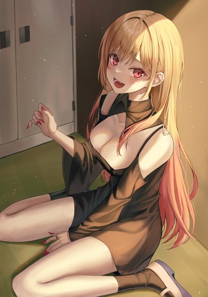 Anime picture 2856x4082 with sono bisque doll wa koi wo suru cloverworks kitagawa marin oert129 single long hair tall image looking at viewer blush fringe highres breasts open mouth light erotic blonde hair smile hair between eyes red eyes large breasts sitting