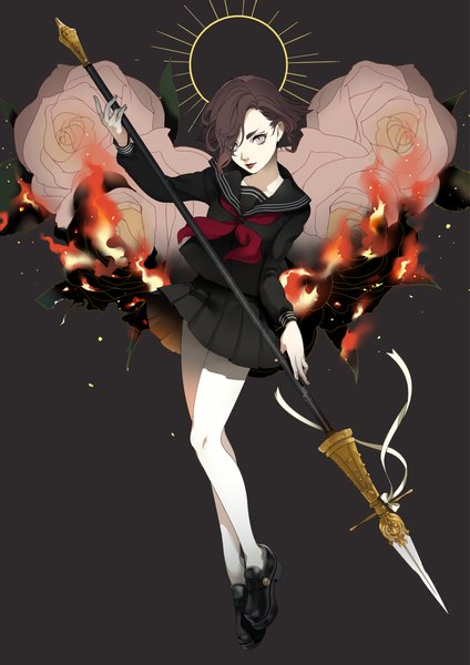 Anime-Bild 1200x1696 mit original emine single tall image looking at viewer short hair simple background brown hair holding lips grey eyes girl uniform flower (flowers) ribbon (ribbons) weapon school uniform shoes rose (roses) fire