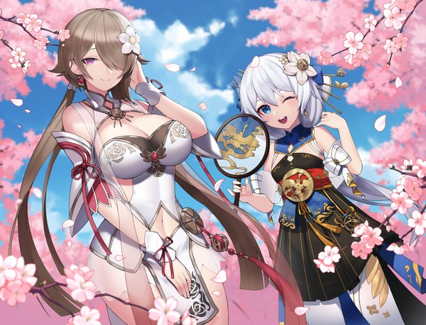 Anime picture 5093x3894 with honkai impact 3rd honkai (series) rita rossweisse theresa apocalypse theresa apocalypse (starlit astrologos) zhuge kongming (honkai impact) rita rossweisse (maid of celestia) morung long hair looking at viewer blush fringe highres breasts open mouth blue eyes light erotic smile brown hair large breasts