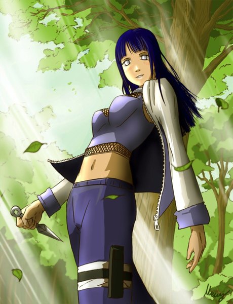 Anime picture 1029x1340 with naruto studio pierrot naruto (series) hyuuga hinata single long hair tall image blue hair open clothes open jacket white eyes no pupils girl navel weapon plant (plants) tree (trees) leaf (leaves) kunai