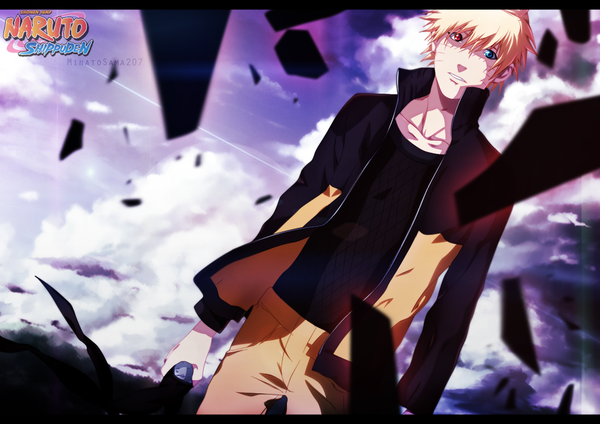 Anime picture 1037x733 with naruto studio pierrot naruto (series) uzumaki naruto minatosama207 single short hair blue eyes blonde hair red eyes sky cloud (clouds) sunlight inscription coloring facial mark whisker markings jinchuriki boy vest