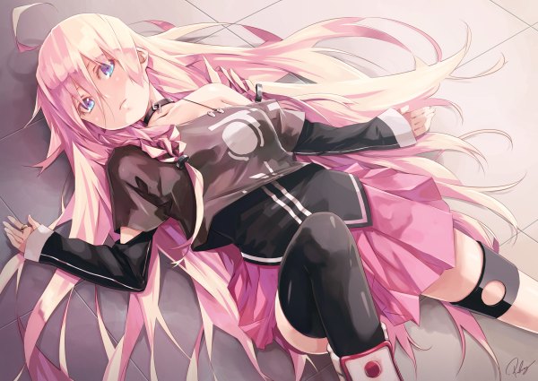 Anime picture 1200x850 with vocaloid ia (vocaloid) re lucy single long hair looking at viewer blue eyes pink hair ahoge lying braid (braids) twin braids girl thighhighs dress skirt choker single thighhigh pink skirt
