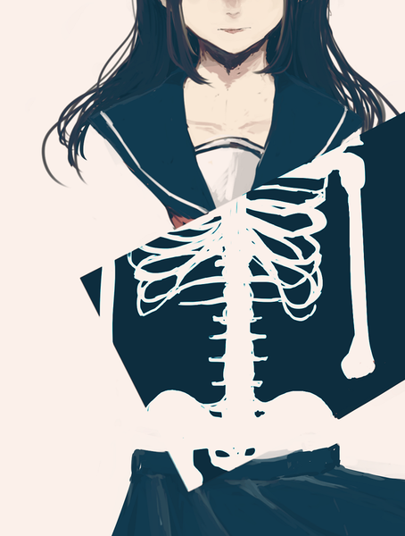 Anime picture 757x1000 with original danjou sora single long hair tall image black hair simple background pleated skirt lips grey background head out of frame skeleton x-ray girl skirt uniform serafuku