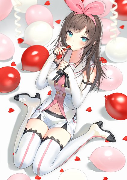 Anime picture 800x1132 with virtual youtuber a.i. channel kizuna ai lloule single long hair tall image looking at viewer blush fringe breasts blue eyes smile brown hair sitting holding full body blurry shadow high heels
