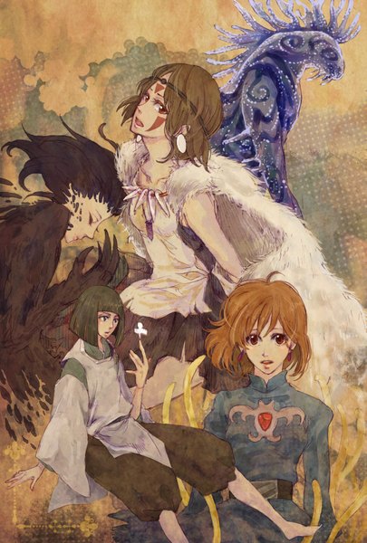 Anime picture 1181x1748 with howl's moving castle spirited away mononoke hime kaze no tani no nausicaa studio ghibli howl san haku (spirited away) nausicaa 392 (pixiv) tall image short hair black hair red eyes brown hair multiple girls ahoge traditional clothes green hair multiple boys