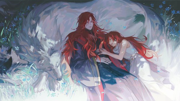 Anime picture 1600x900 with elden ring malenia blade of miquella lunar princess ranni agong long hair wide image multiple girls red hair lying eyes closed wide sleeves on back on side siblings sisters girl 2 girls plant (plants) animal grass