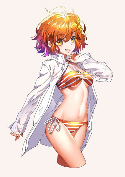 Anime picture 1161x1642 with fate (series) fate/grand order fujimaru ritsuka (female) tenobe single tall image looking at viewer short hair breasts light erotic simple background smile orange hair orange eyes open shirt underboob pink background brilliant summer girl swimsuit