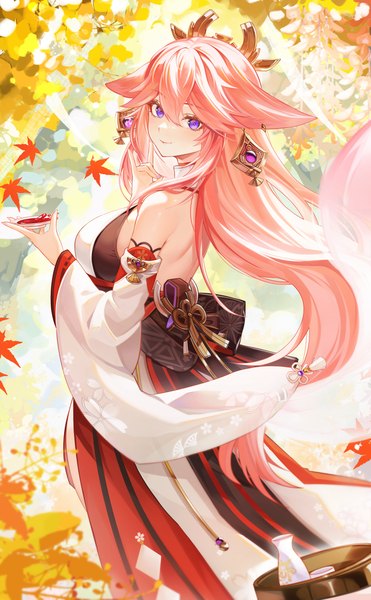 Anime-Bild 2064x3340 mit genshin impact yae miko chen ying (alan-yut) single long hair tall image fringe highres hair between eyes purple eyes animal ears pink hair outdoors traditional clothes japanese clothes fox ears turning head autumn nontraditional miko fox shadow puppet