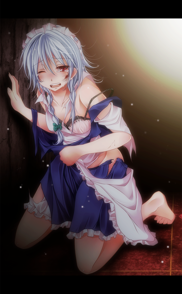 Anime picture 1000x1618 with touhou izayoi sakuya s-syogo single tall image short hair open mouth light erotic red eyes silver hair braid (braids) one eye closed barefoot wink maid tears twin braids torn clothes girl headdress