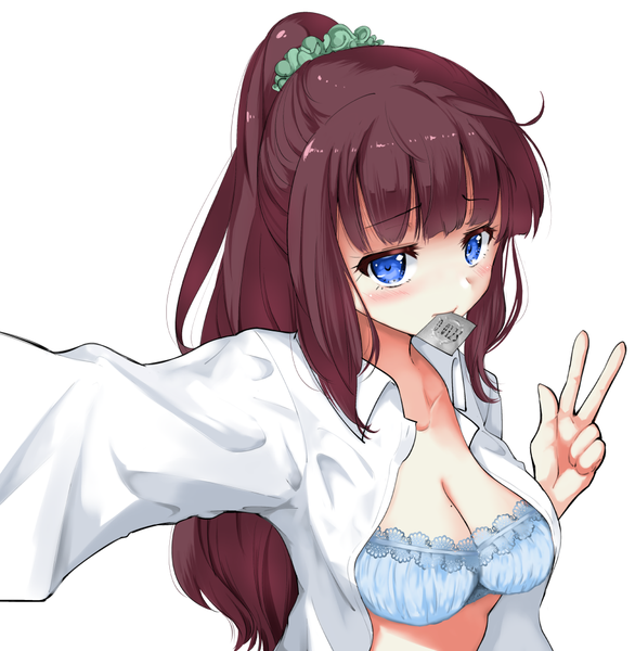 Anime picture 986x1010 with new game! doga kobo takimoto hifumi rocha (aloha ro cha) single long hair tall image looking at viewer blush fringe breasts blue eyes light erotic simple background brown hair white background holding upper body ponytail blunt bangs