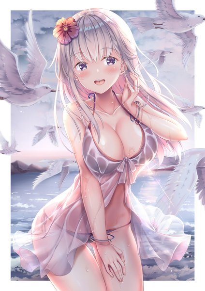Anime picture 850x1202 with original shirakawako single long hair tall image looking at viewer blush fringe breasts open mouth light erotic smile large breasts standing purple eyes payot sky cleavage silver hair cloud (clouds)