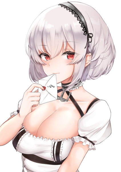 Anime picture 1400x1980 with azur lane sirius (azur lane) miyagi ratona single tall image looking at viewer fringe short hair breasts light erotic simple background hair between eyes red eyes large breasts white background silver hair upper body puffy sleeves girl hairband